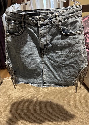 Püsküllü Gri Mini Denim Etek - Görsel 2