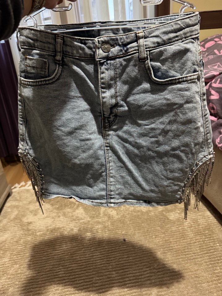 Püsküllü Gri Mini Denim Etek - Görsel 2