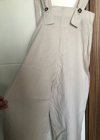 36 Beden Bej Kadın Keten Midi Askılı Bol Tulum