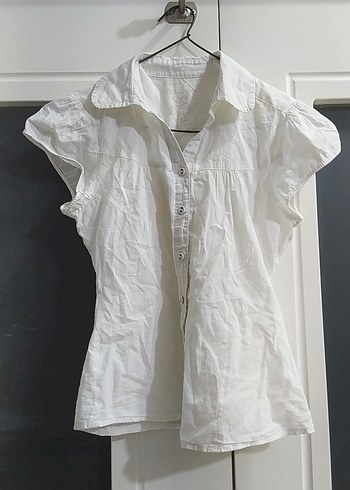 Kadın Beyaz Kısa Kollu Keten Gömlek - Görsel 2