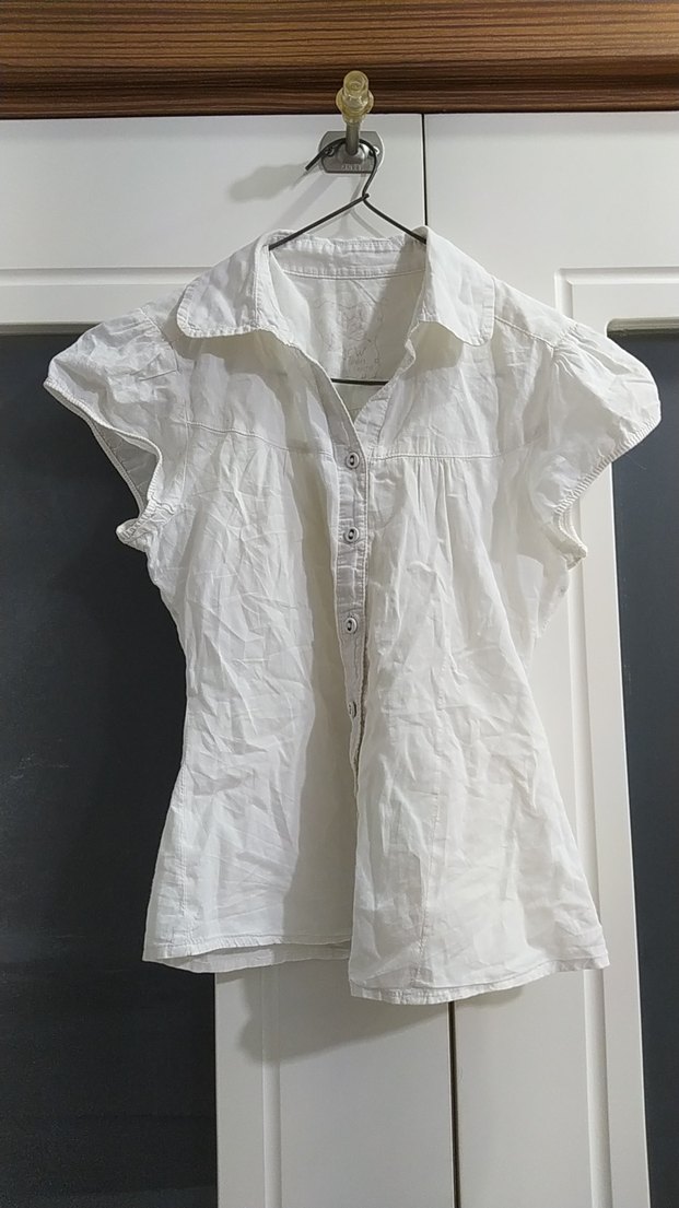Kadın Beyaz Kısa Kollu Keten Gömlek - Görsel 2