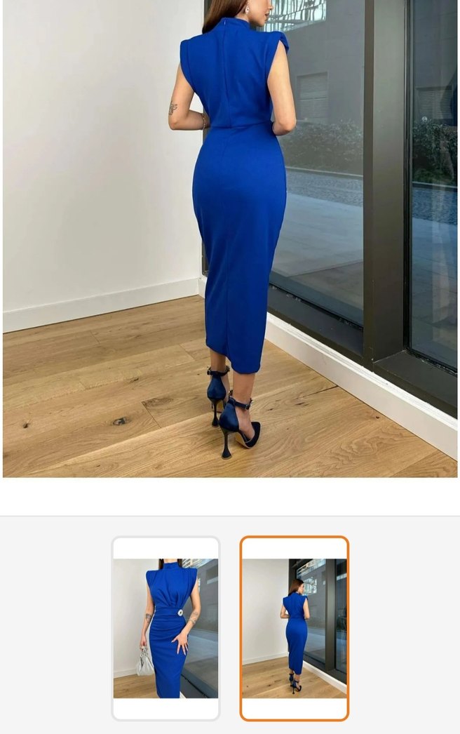 Mavi V Yaka Kemerli Uzun Kalem Elbise - Görsel 2