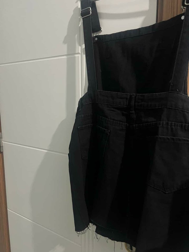 Kadın Siyah Kısa Askılı Denim Salopet - Görsel 3