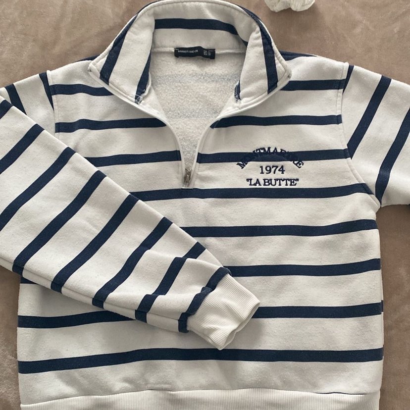 Beyaz Mavi Çizgili Yarım Fermuarlı Kadın Kazak - Görsel 2