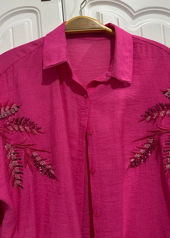 Pembe Nakışlı Uzun Kollu Bohem Gömlek - Görsel 5