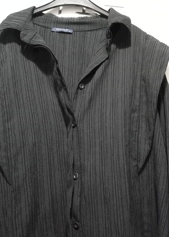 Uzun Siyah Keten Kadın gömlek - Görsel 3