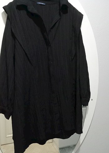 Uzun Siyah Keten Kadın gömlek - Görsel 2