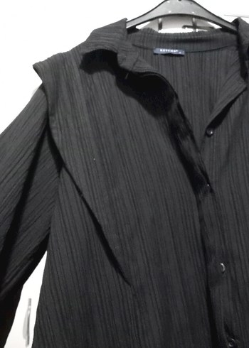 Uzun Siyah Keten Kadın gömlek - Görsel 5