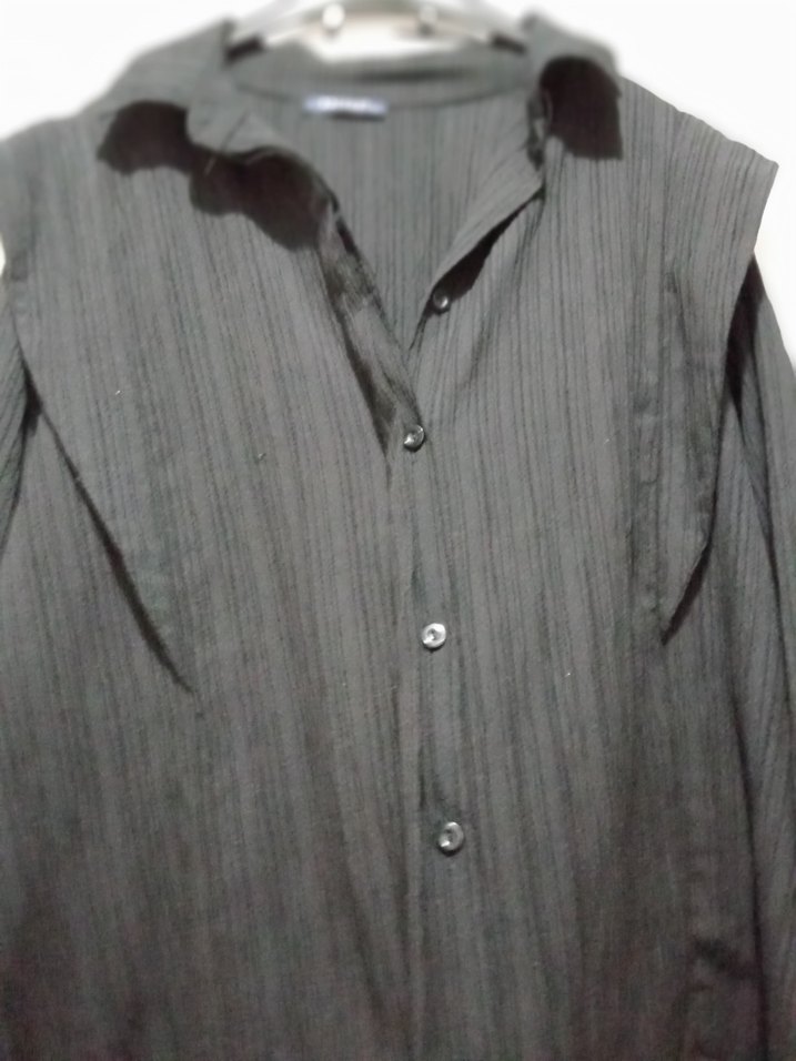 Uzun Siyah Keten Kadın gömlek - Görsel 4