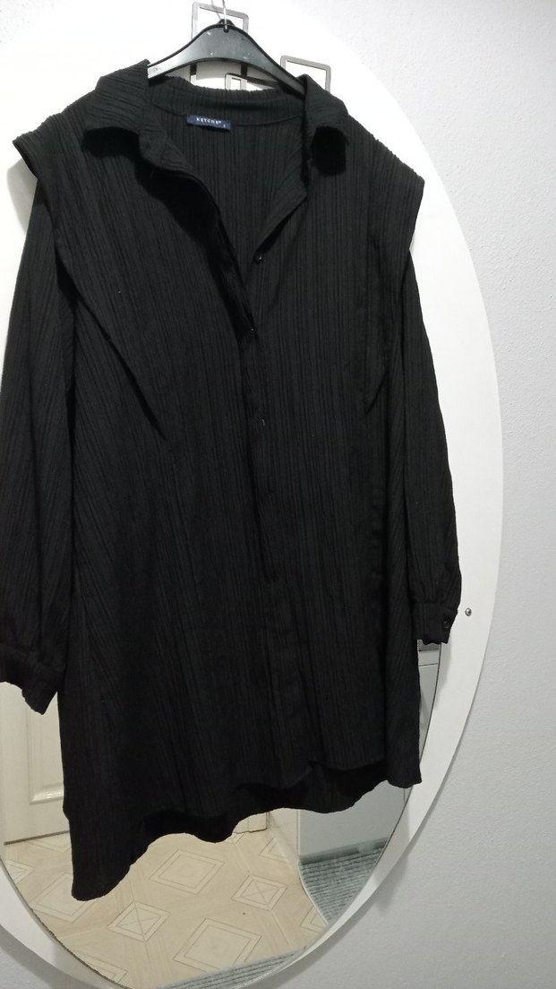 Uzun Siyah Keten Kadın gömlek - Görsel 2