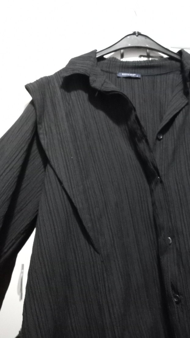 Uzun Siyah Keten Kadın gömlek - Görsel 5