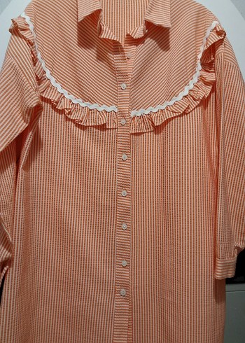 Turuncu Bej Çizgili Fırfırlı Uzun Kollu Keten Gömlek - Görsel 3