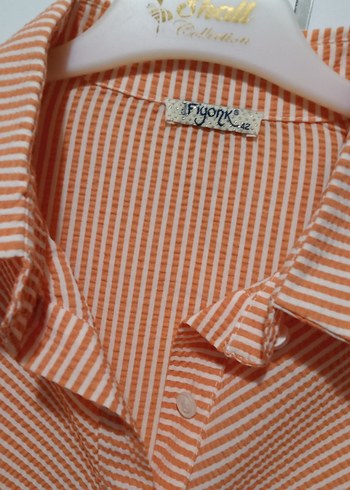 Turuncu Bej Çizgili Fırfırlı Uzun Kollu Keten Gömlek - Görsel 2