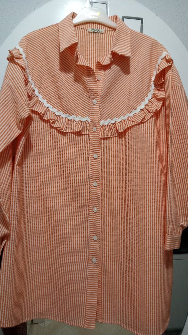 Turuncu Bej Çizgili Fırfırlı Uzun Kollu Keten Gömlek - Görsel 3