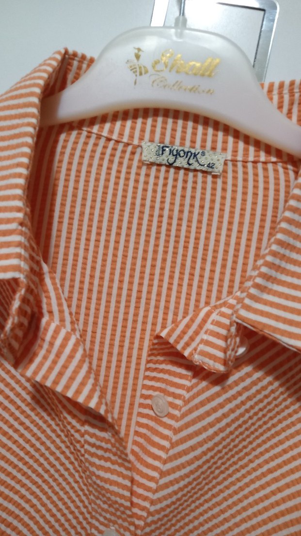 Turuncu Bej Çizgili Fırfırlı Uzun Kollu Keten Gömlek - Görsel 2