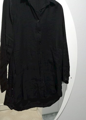 Düğmeli Siyah Keten Kadın Gömlek - Görsel 4