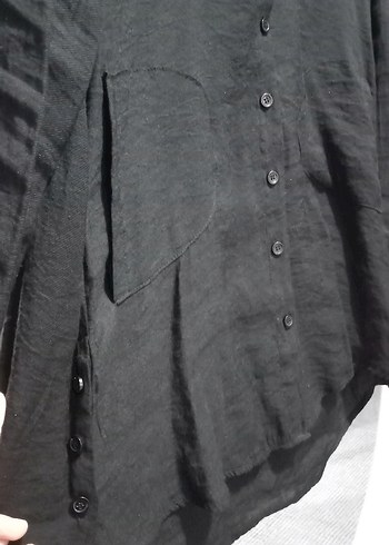 Düğmeli Siyah Keten Kadın Gömlek - Görsel 2