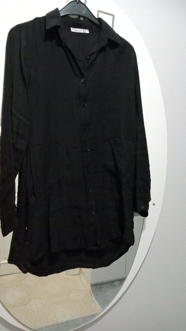 Düğmeli Siyah Keten Kadın Gömlek - Görsel 4