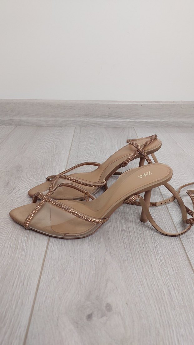 zara taşlı bağcıklı topuklu - Görsel 2