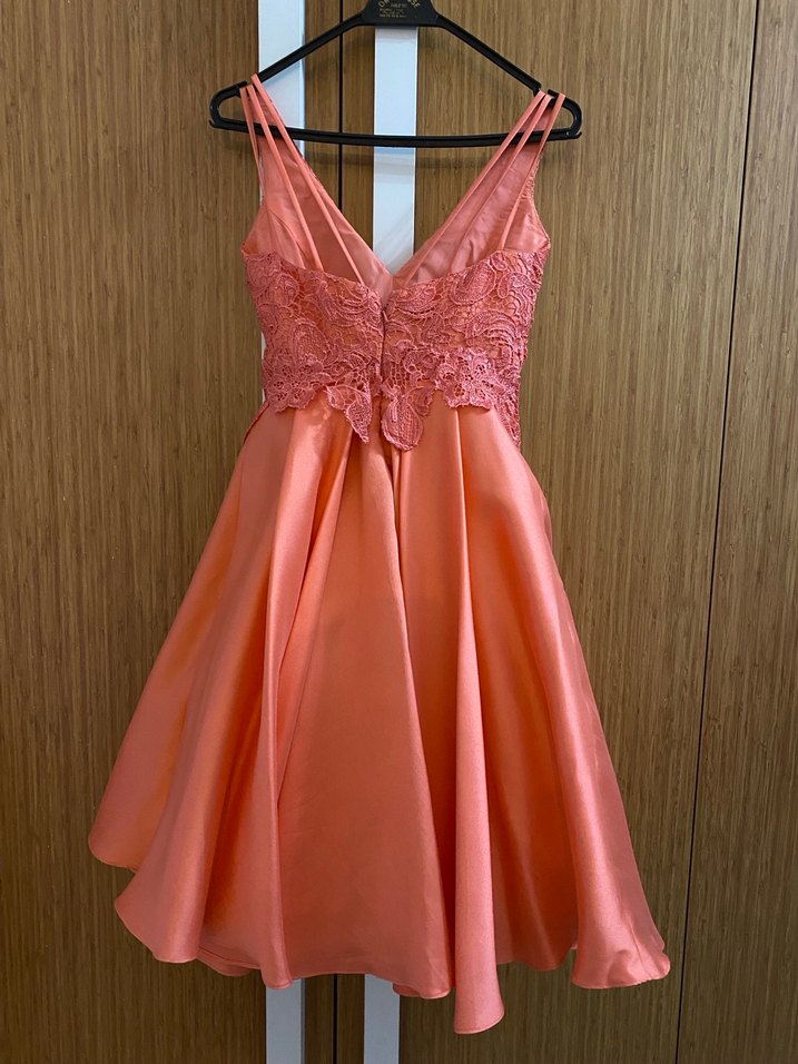 Dantel Detaylı V Yakalı Mini Pembe Abiye Elbise - Görsel 3