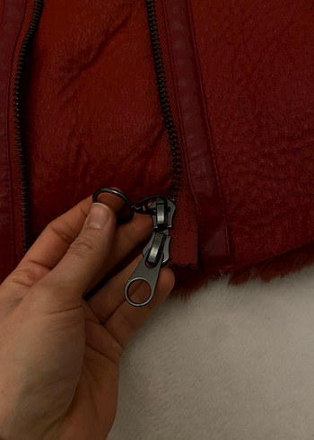 Kadın Bershka Kırmızı Deri Kürklü Biker Ceket - Görsel 3