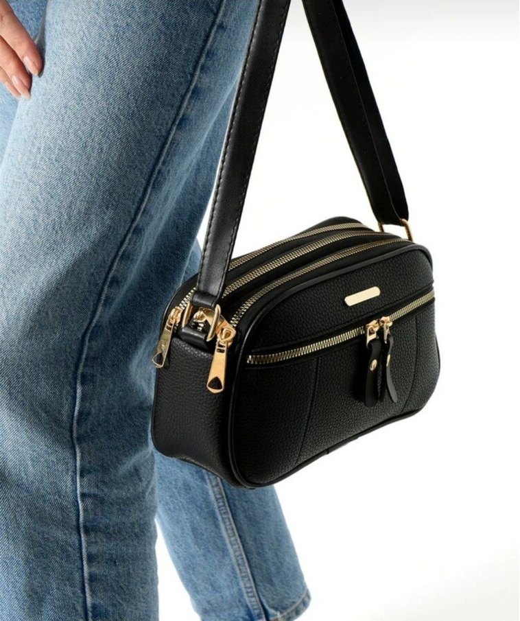 Siyah suni Deri Fermuarlı Kadın Çanta - Görsel 2