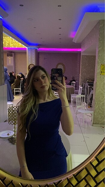 m Beden Mavi bağlama detaylı uzun elbise