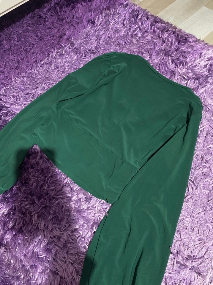 V Yaka Drapeli Uzun Kollu Yeşil Bluz - Görsel 2