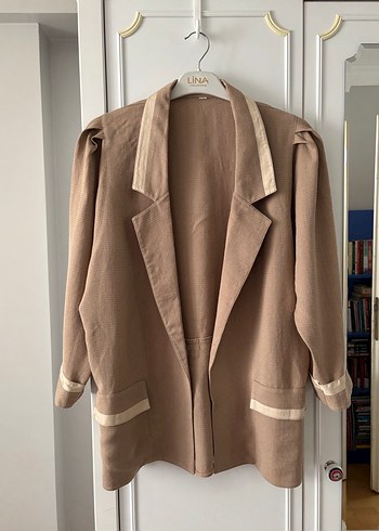 Bej Keten Düğmeli Kadın Blazer Ceket 42 beden