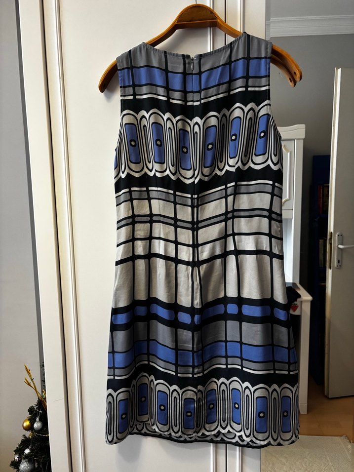 Mavi Gri Desenli Midi Elbise - Görsel 2