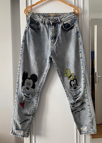 Gri Baskılı Düğmeli Kadın Denim Pantolon