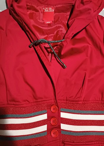 Kırmızı Kapüşonlu Düğmeli Kadın Ceket - Görsel 8