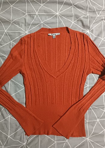 Koyu Kiremit rengi V Yakalı Örgü Kadın Kazak - Görsel 2