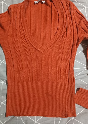 Koyu Kiremit rengi V Yakalı Örgü Kadın Kazak - Görsel 8