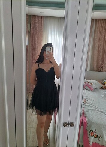 Diğer Gloplu ip askılı elbise siyah mini