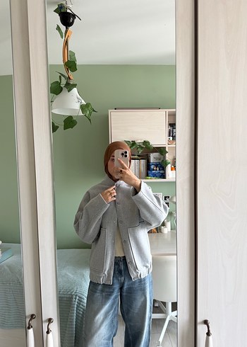 Gri Kadın Denim Bomber Ceket