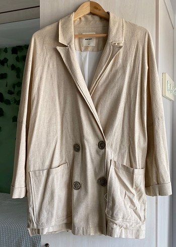 40 Beden ten rengi Renk Bej Düğmeli Keten Blazer