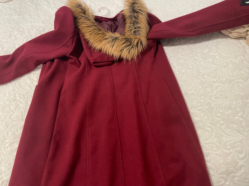 Bordo Kürklü Uzun Kadın Kaban - Görsel 4