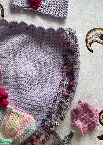 Gri Nakışlı Örgü Çocuk Bere ve Atkı - Görsel 4