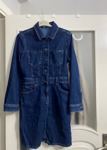Düğmeli Lacivert Kadın Denim elbise