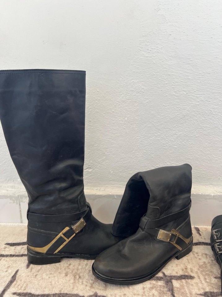 Kadın Siyah Deri Tokalı Biker Dizüstü Bot - Görsel 2