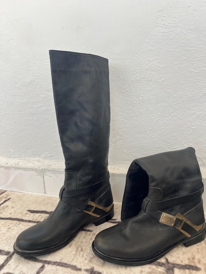 Kadın Siyah Deri Tokalı Biker Dizüstü Bot - Görsel 3