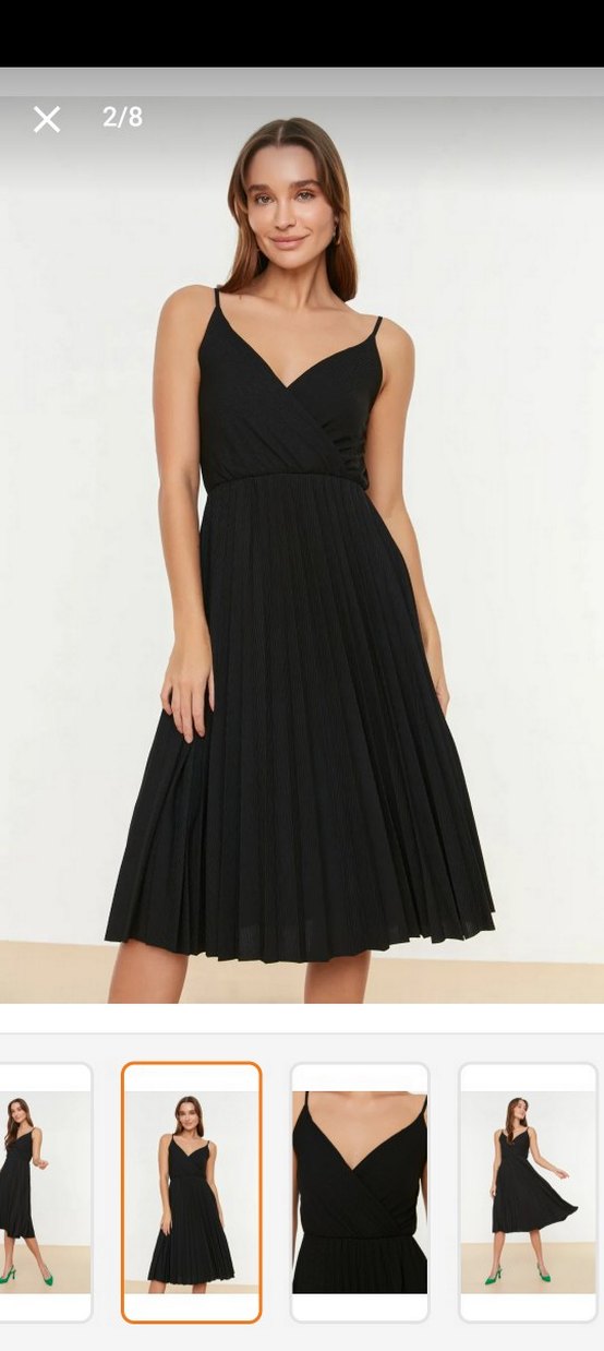 Siyah Piliseli V Yaka Uzun Elbise - Görsel 2