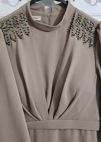 Bej Drapeli Uzun Abiye Elbise - Görsel 2