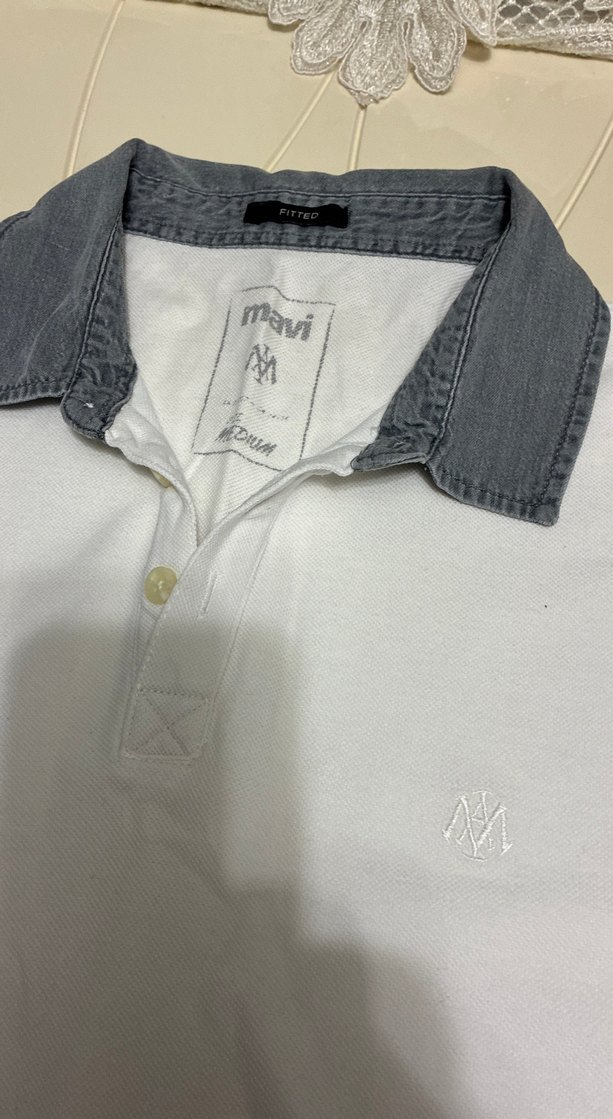 Gri Yaka Detaylı Erkek Beyaz Polo Tişört - Görsel 2