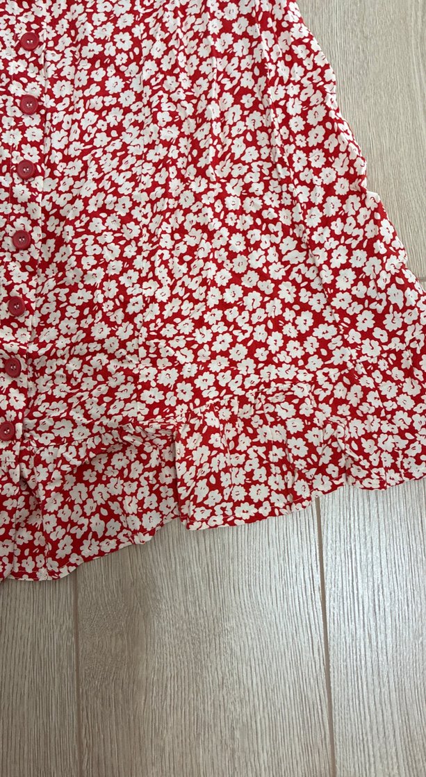 Kırmızı Çiçekli V Yaka Midi Elbise - Görsel 4