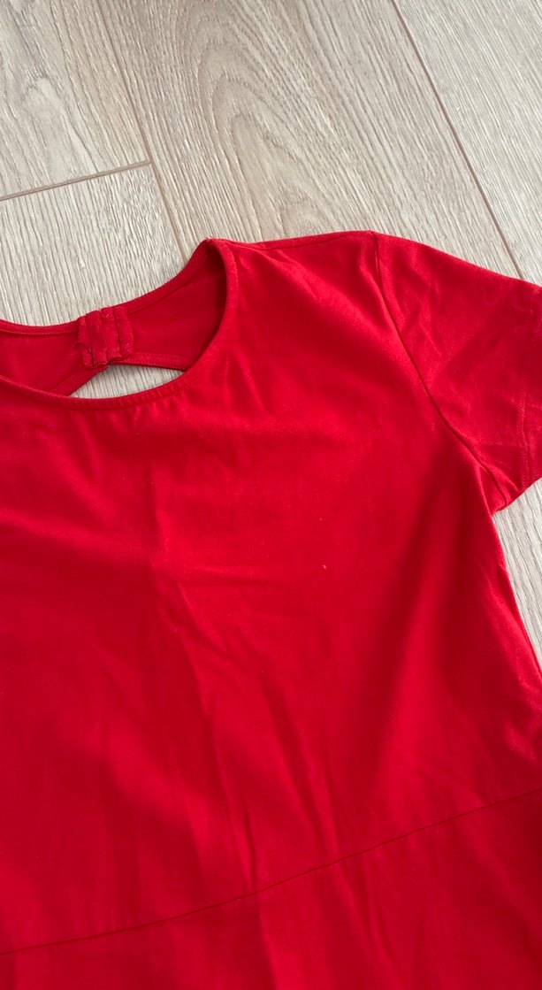 Kısa Kollu V Yaka Kırmızı Midi Elbise - Görsel 2