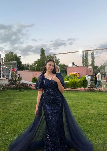 Abiye Lacivert Uzun Kollu V Yakalı abiye