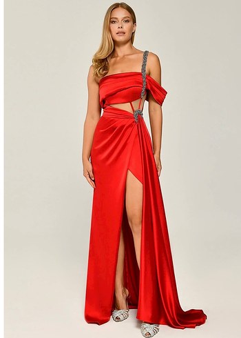 Parlak Kırmızı Straplez Uzun Kadın Elbise - Görsel 2