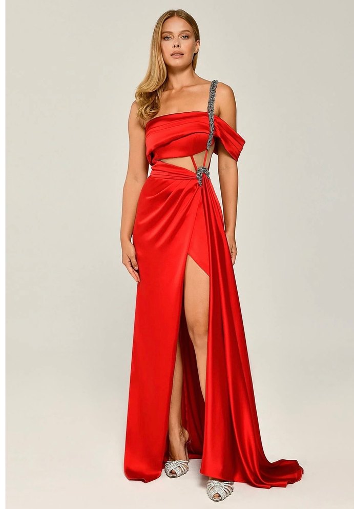 Parlak Kırmızı Straplez Uzun Kadın Elbise - Görsel 2